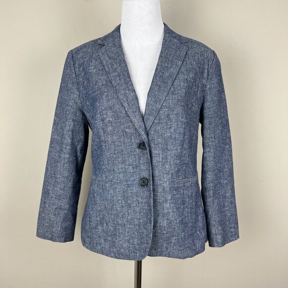 Banana Republic Blazer Jacket Women 4 Blue Chambray Linen Cotton 2-Button Office - Picture 1 of 14